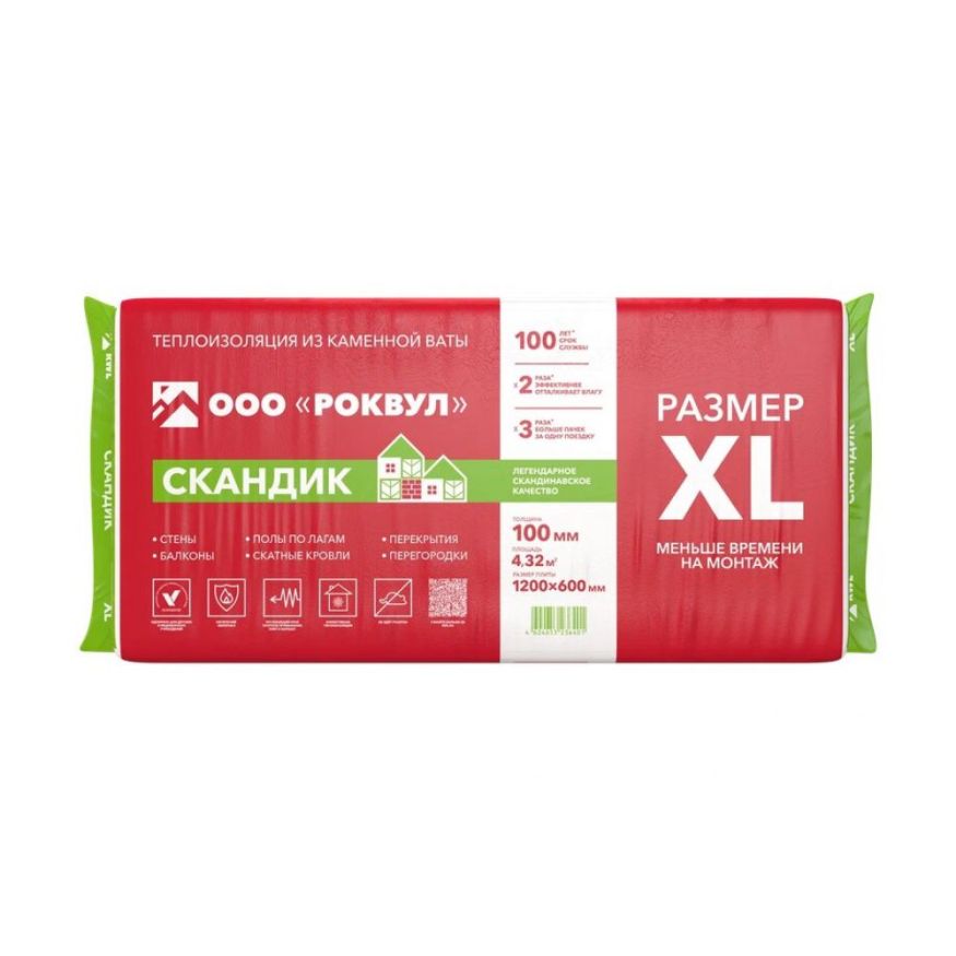 Утеплитель Роквул Скандик XL 100мм, 6 плит, 4.32м2, 600х1200мм, 0.432м3 Rockwool купить в Анапе